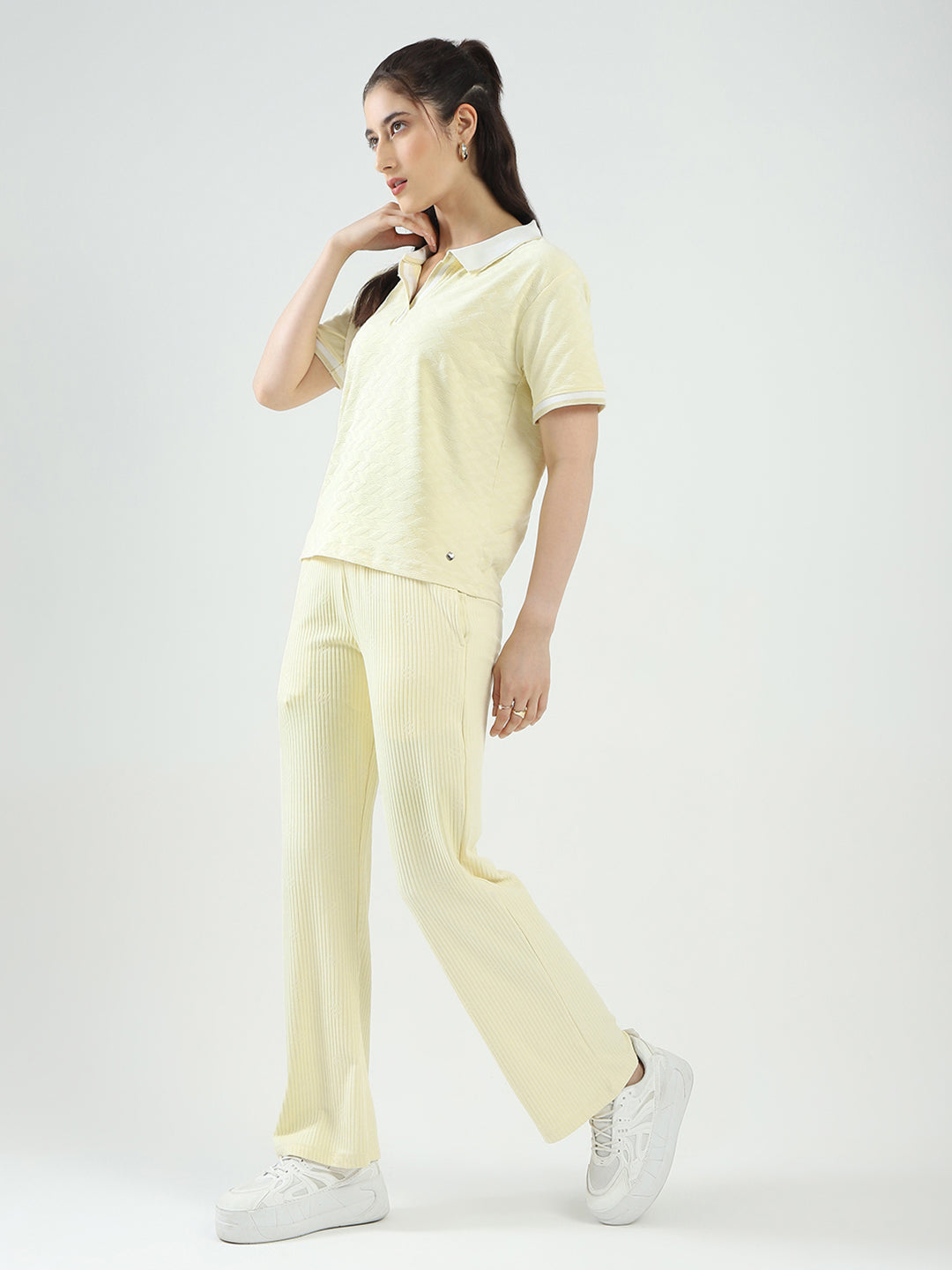 Women Yellow Self Design Collar Half Sleeve Cords Set