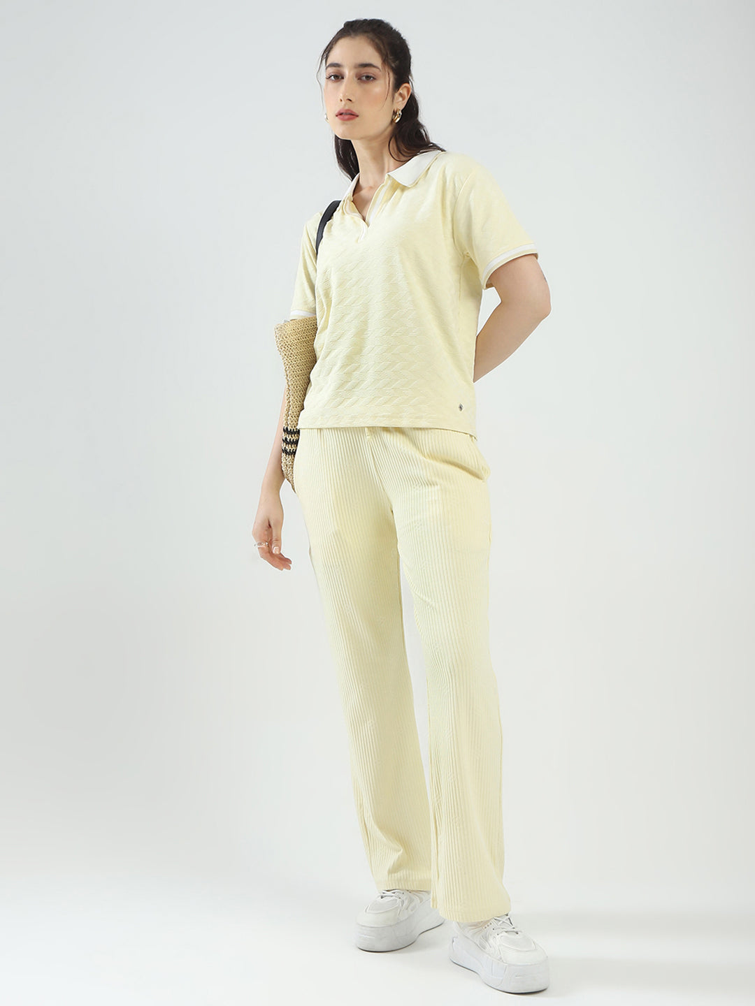 Women Yellow Self Design Collar Half Sleeve Cords Set
