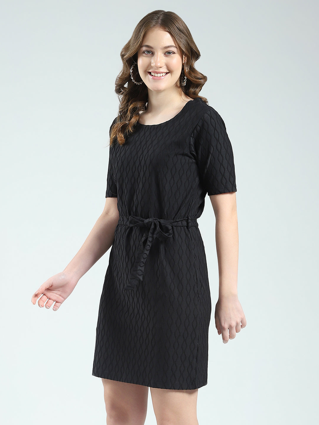 Women Black Self Design Round Neck Half Sleeve Dress