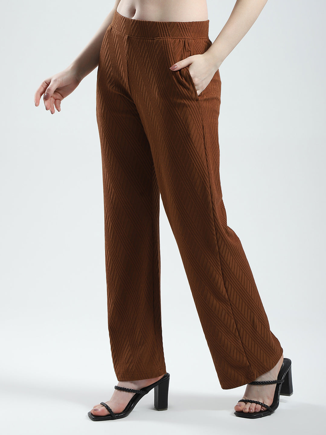Women Brown Self Design Regular Fit Lower