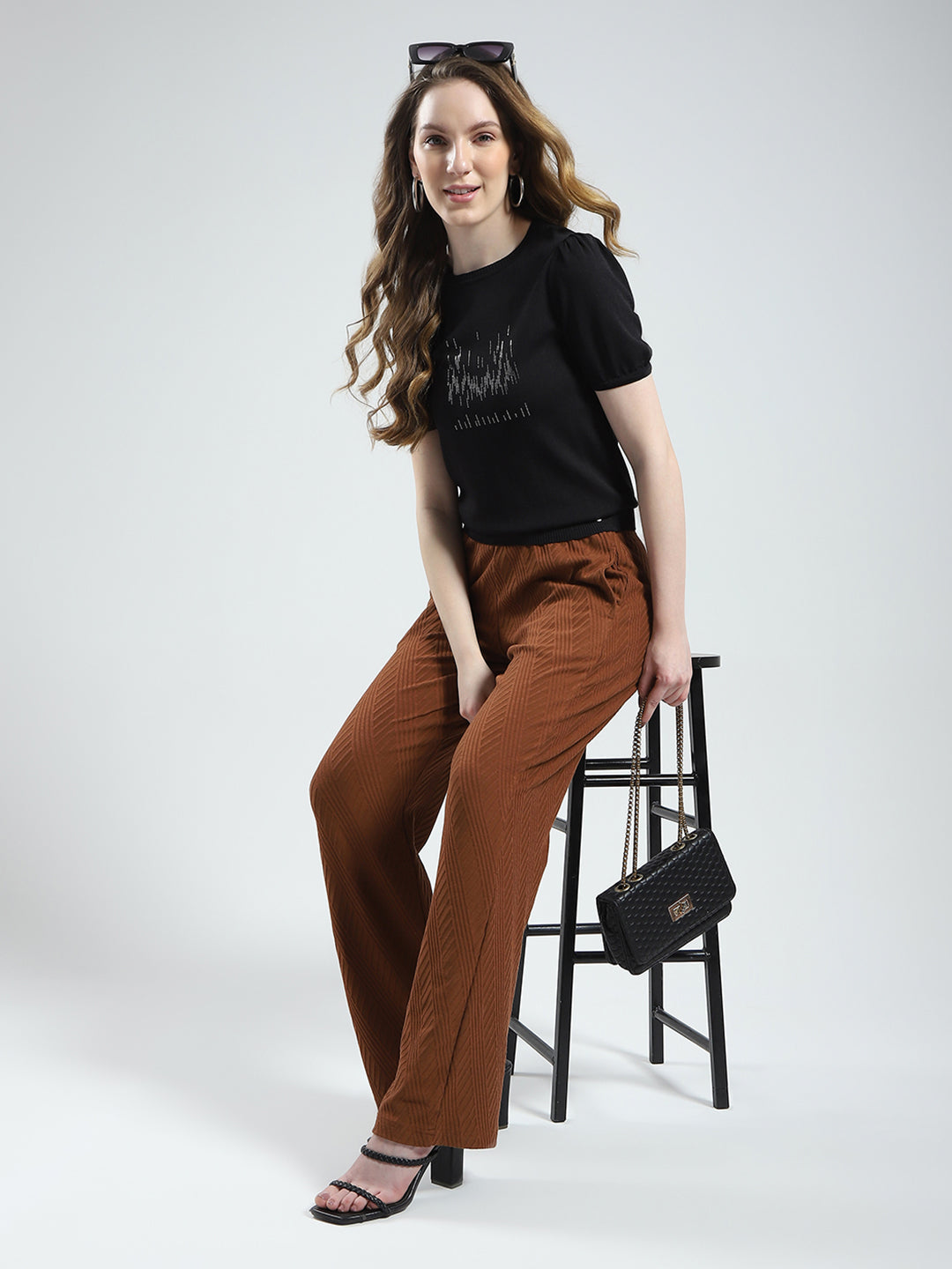 Women Brown Self Design Regular Fit Lower