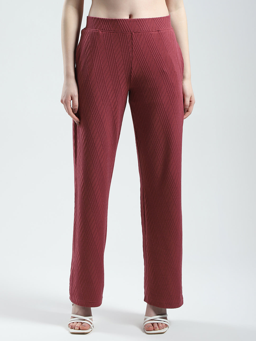 Women Maroon Self Design Regular Fit Lower