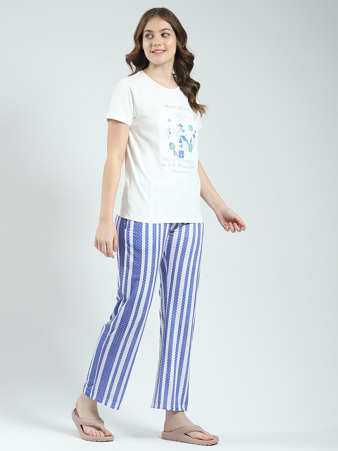 Women White Printed Round Neck Half Sleeve Lower Set