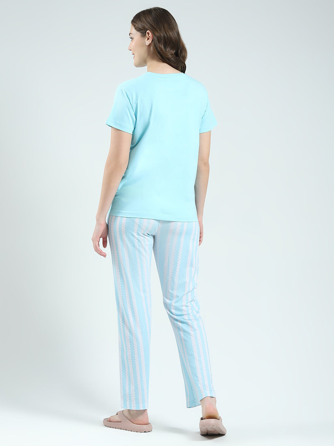 Women Blue Printed Round Neck Half Sleeve Lower Set