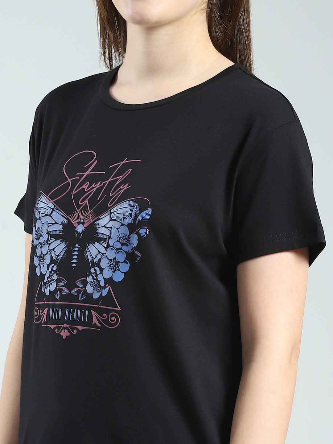 Women Black Printed Round Neck Half Sleeve Lower Set