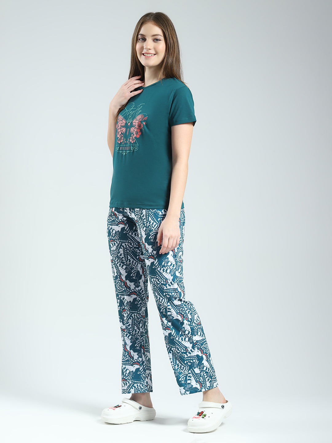 Women Green Printed Round Neck Half Sleeve Lower Set