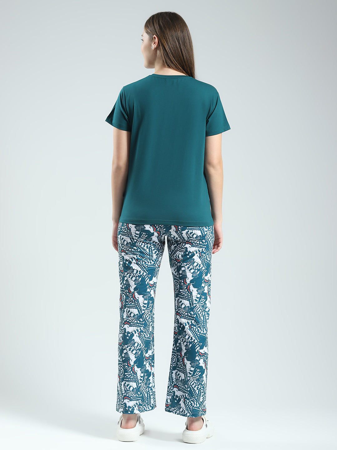 Women Green Printed Round Neck Half Sleeve Lower Set