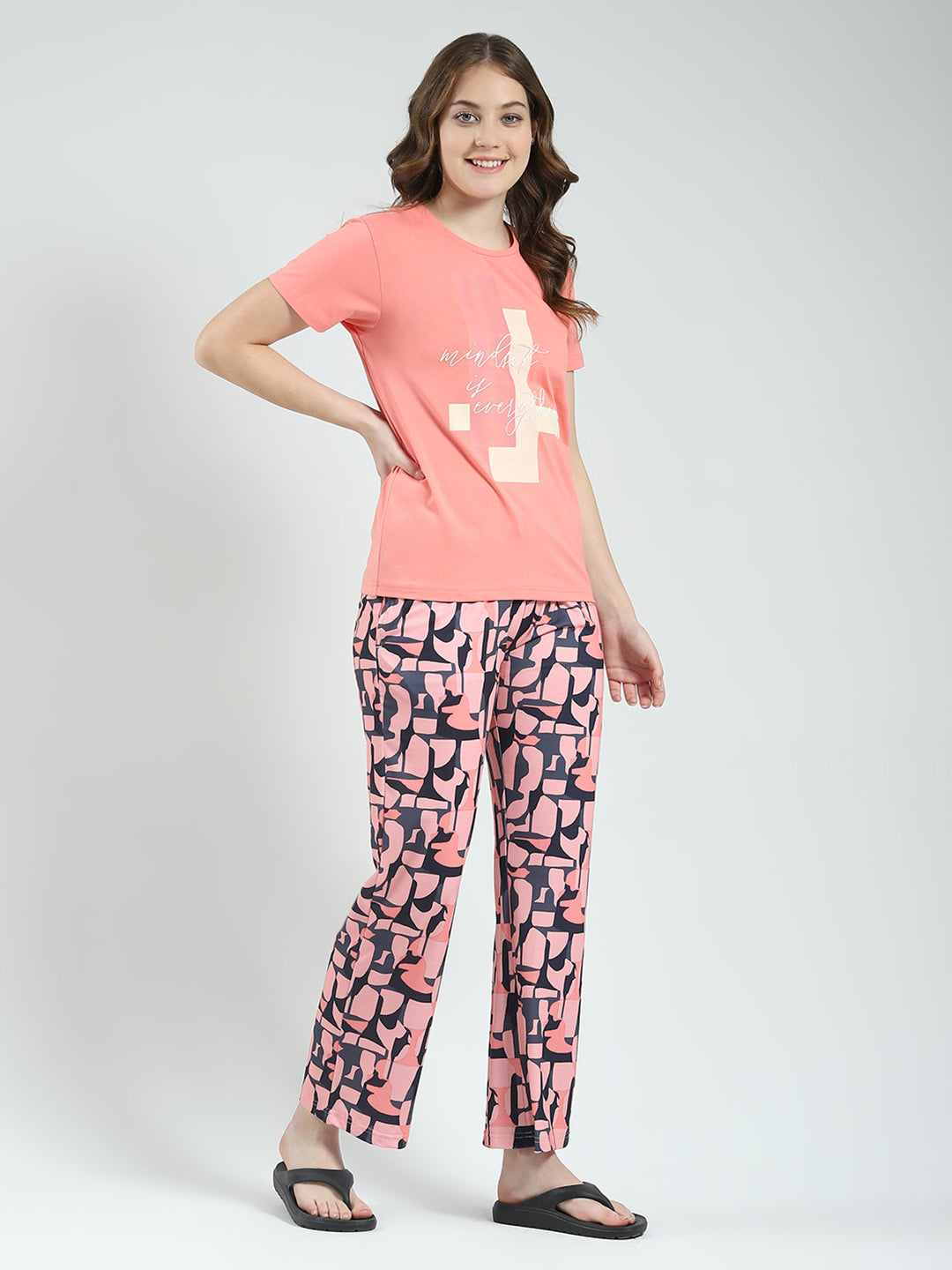 Women Coral Printed Round Neck Half Sleeve Lower Set