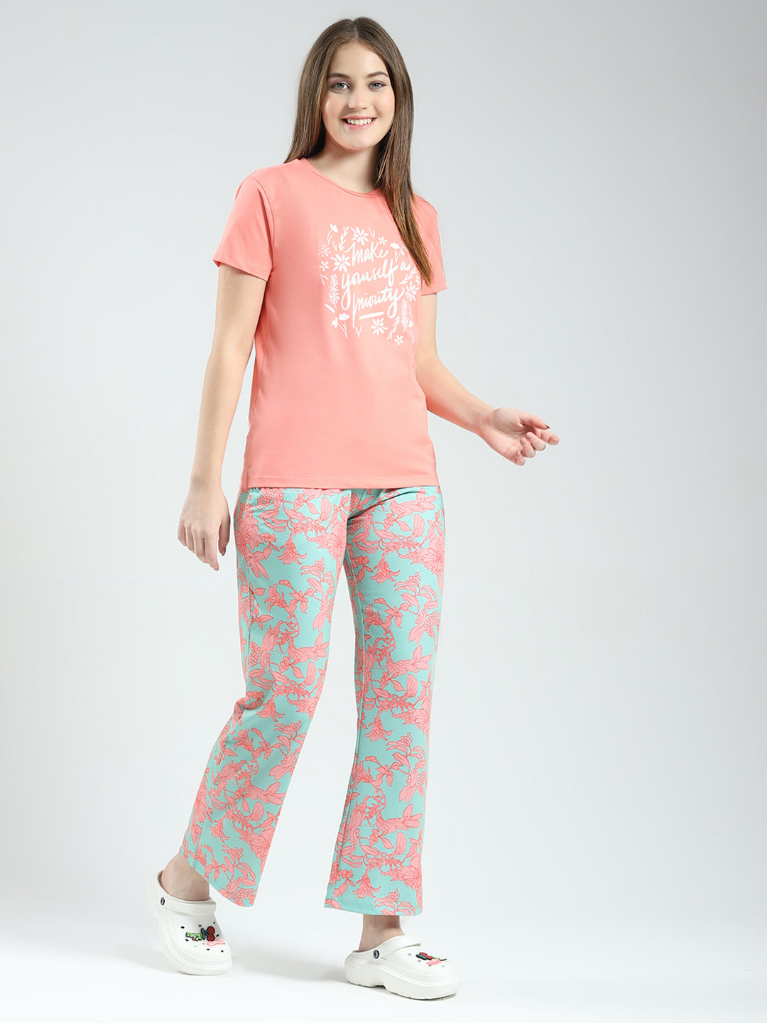 Women Coral Printed Round Neck Half Sleeve Lower Set