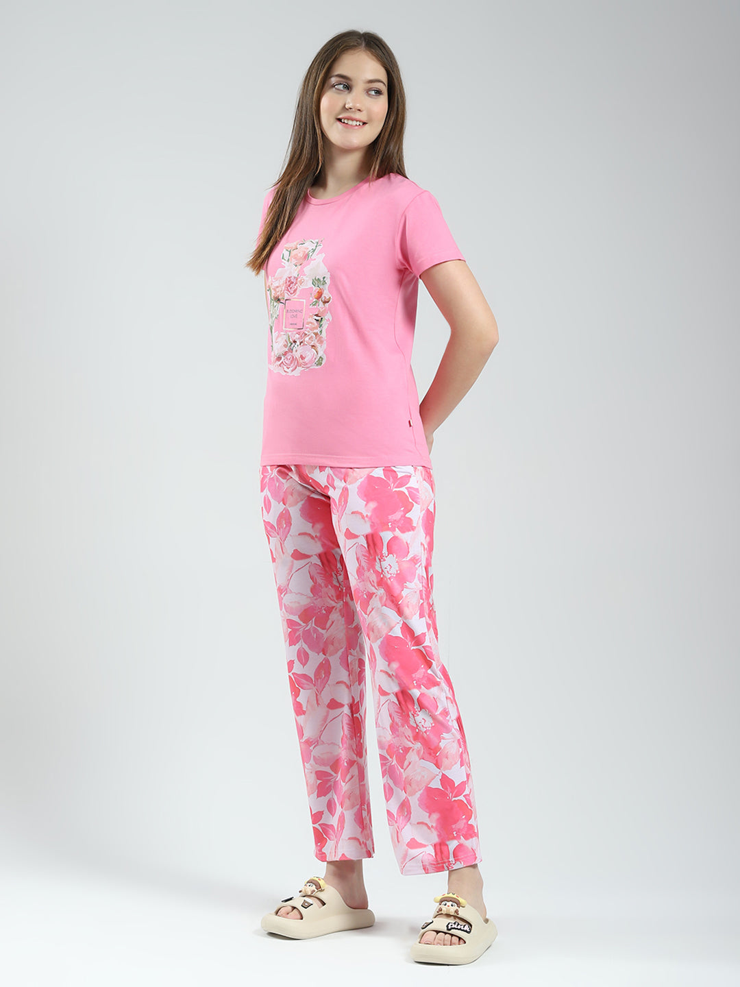 Women Pink Printed Round Neck Half Sleeve Lower Set