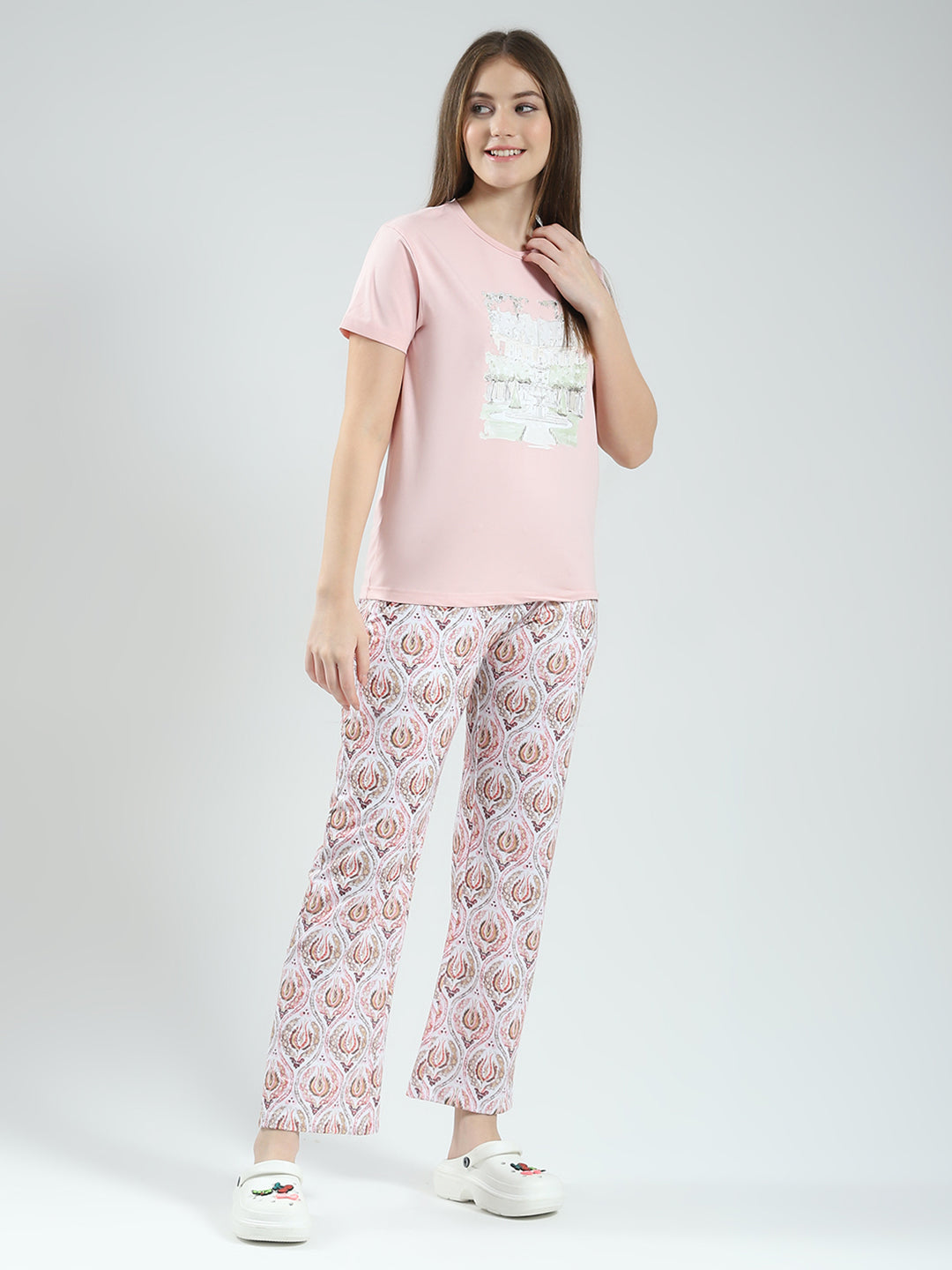 Women Pink Printed Round Neck Half Sleeve Lower Set