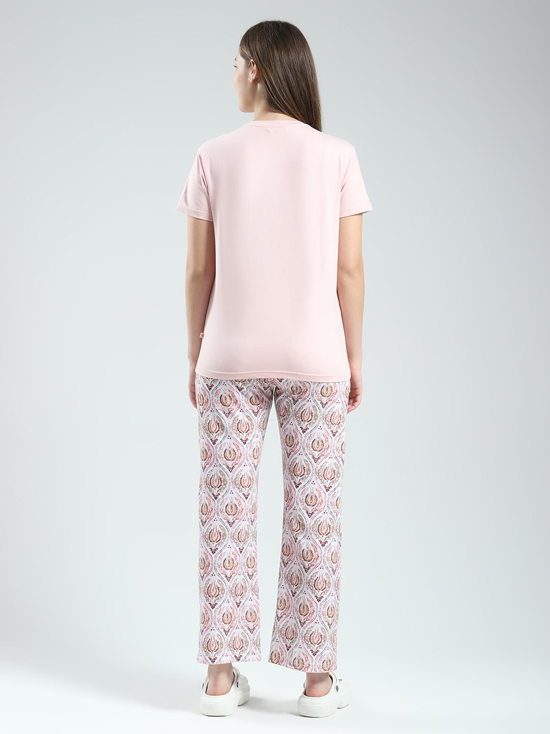 Women Pink Printed Round Neck Half Sleeve Lower Set