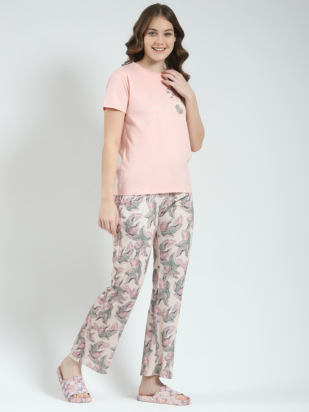 Women Peach Printed Round Neck Half Sleeve Lower Set