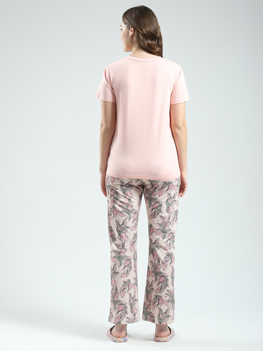 Women Peach Printed Round Neck Half Sleeve Lower Set