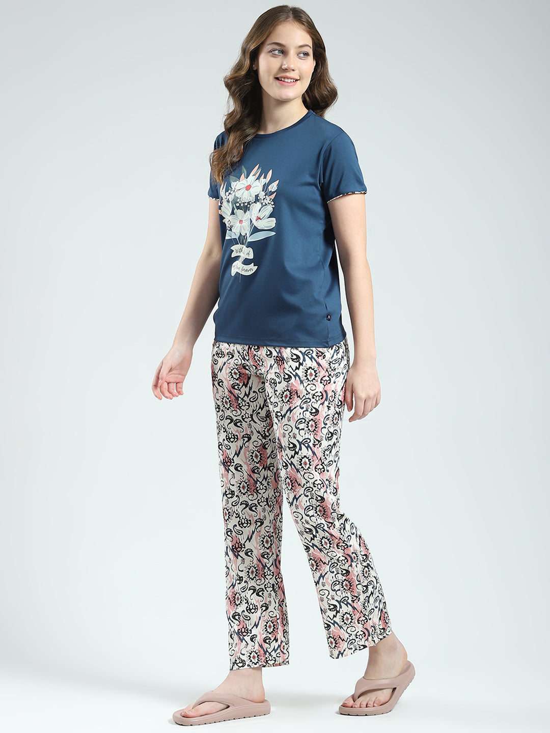 Women Blue Printed Round Neck Half Sleeve Lower Set