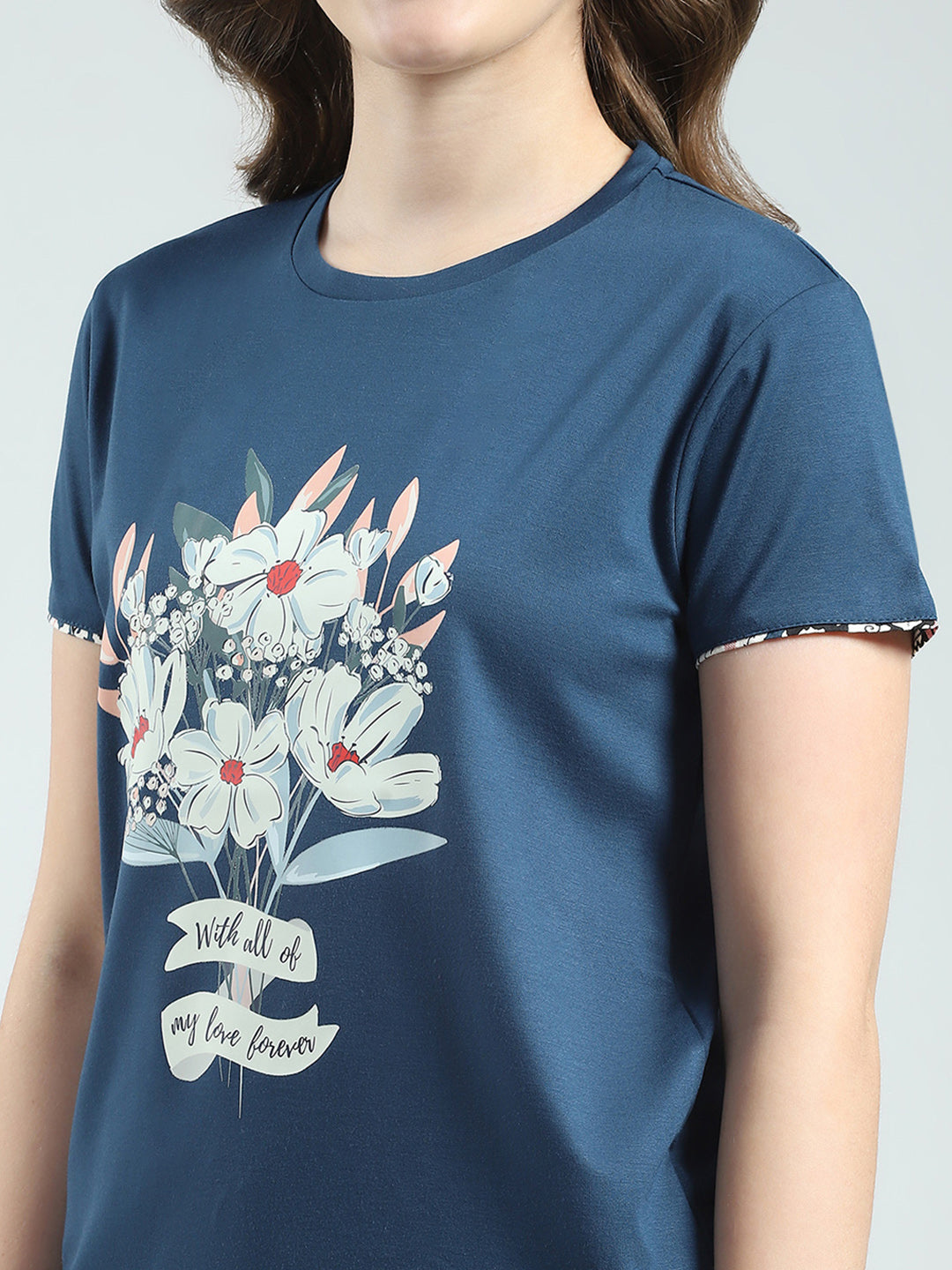 Women Blue Printed Round Neck Half Sleeve Lower Set