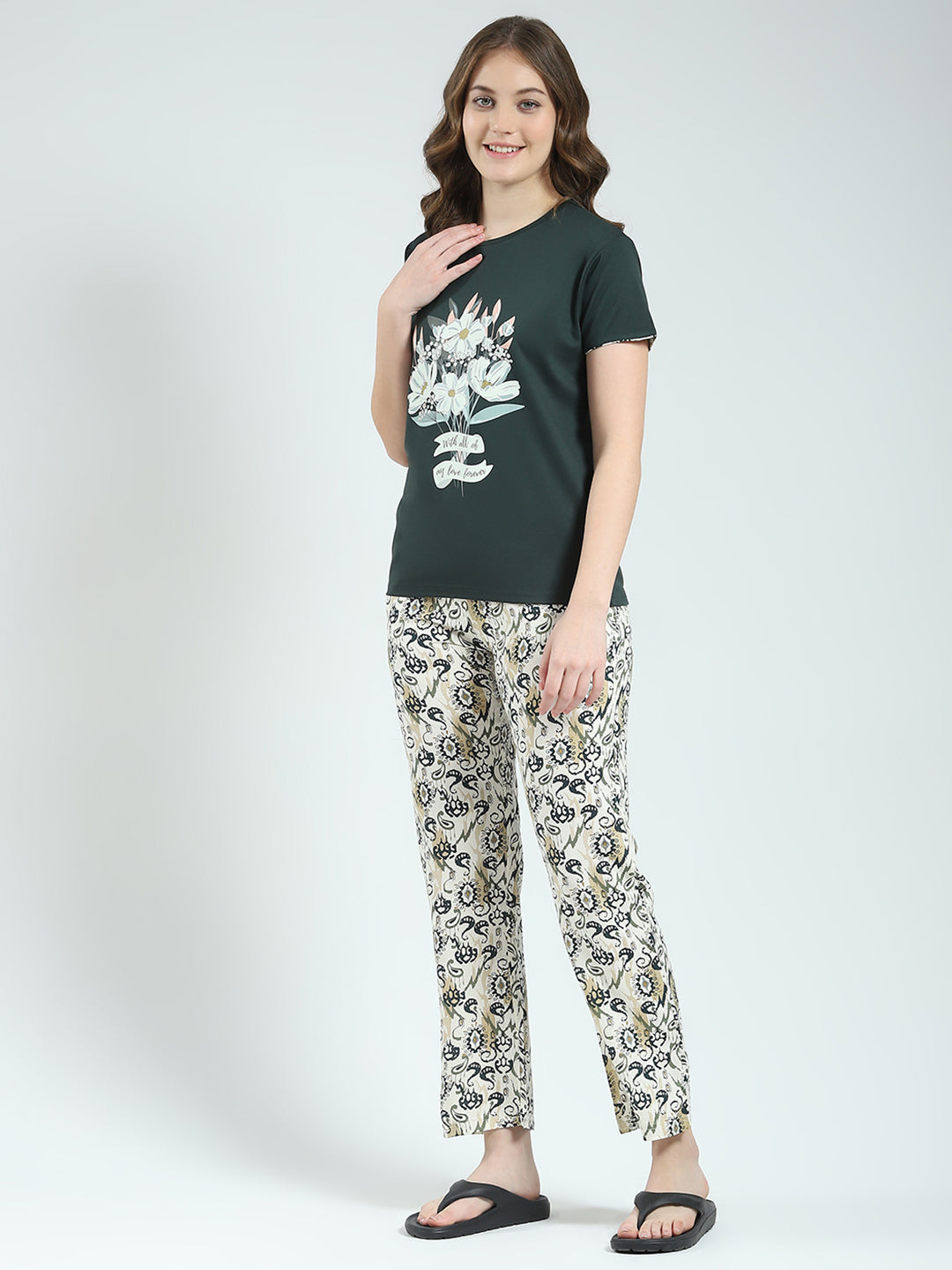 Women Green Printed Round Neck Half Sleeve Lower Set