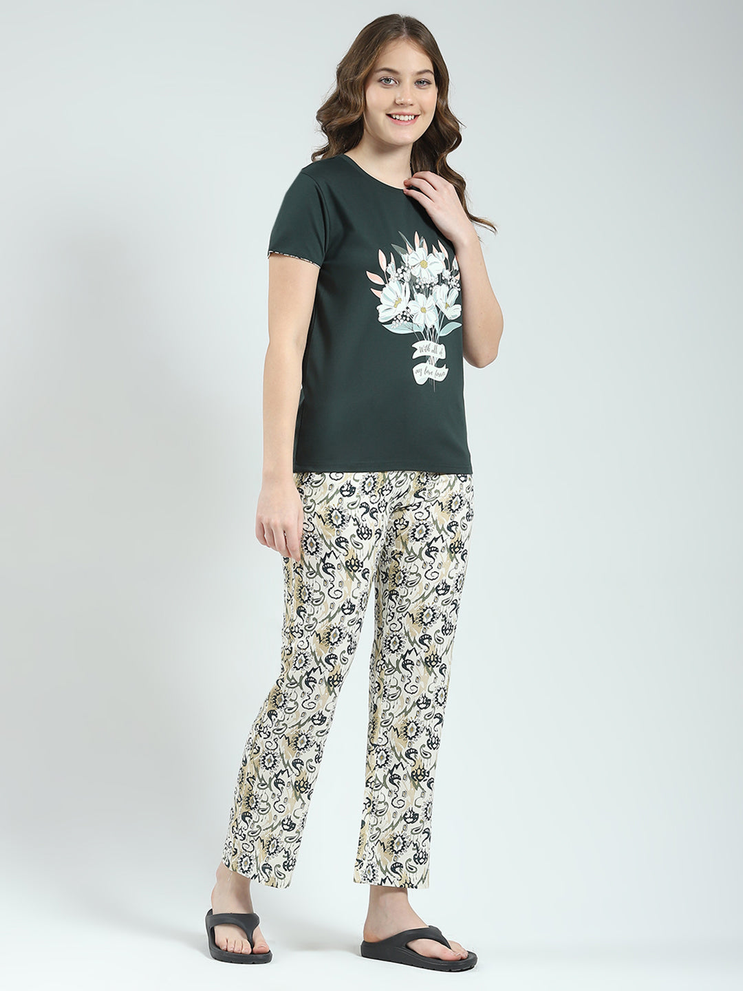 Women Green Printed Round Neck Half Sleeve Lower Set