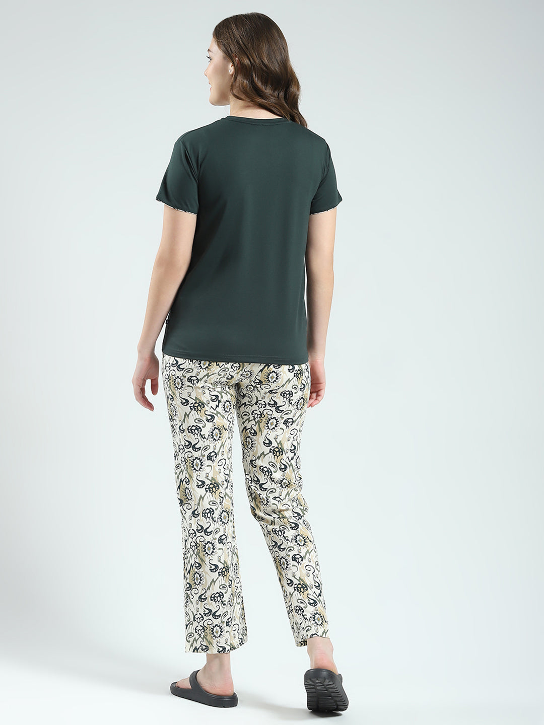 Women Green Printed Round Neck Half Sleeve Lower Set