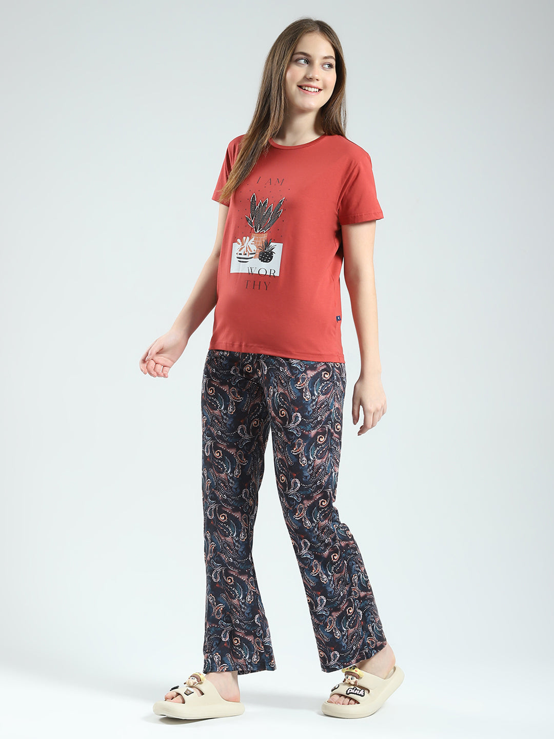 Women Rust Printed Round Neck Half Sleeve Lower Set