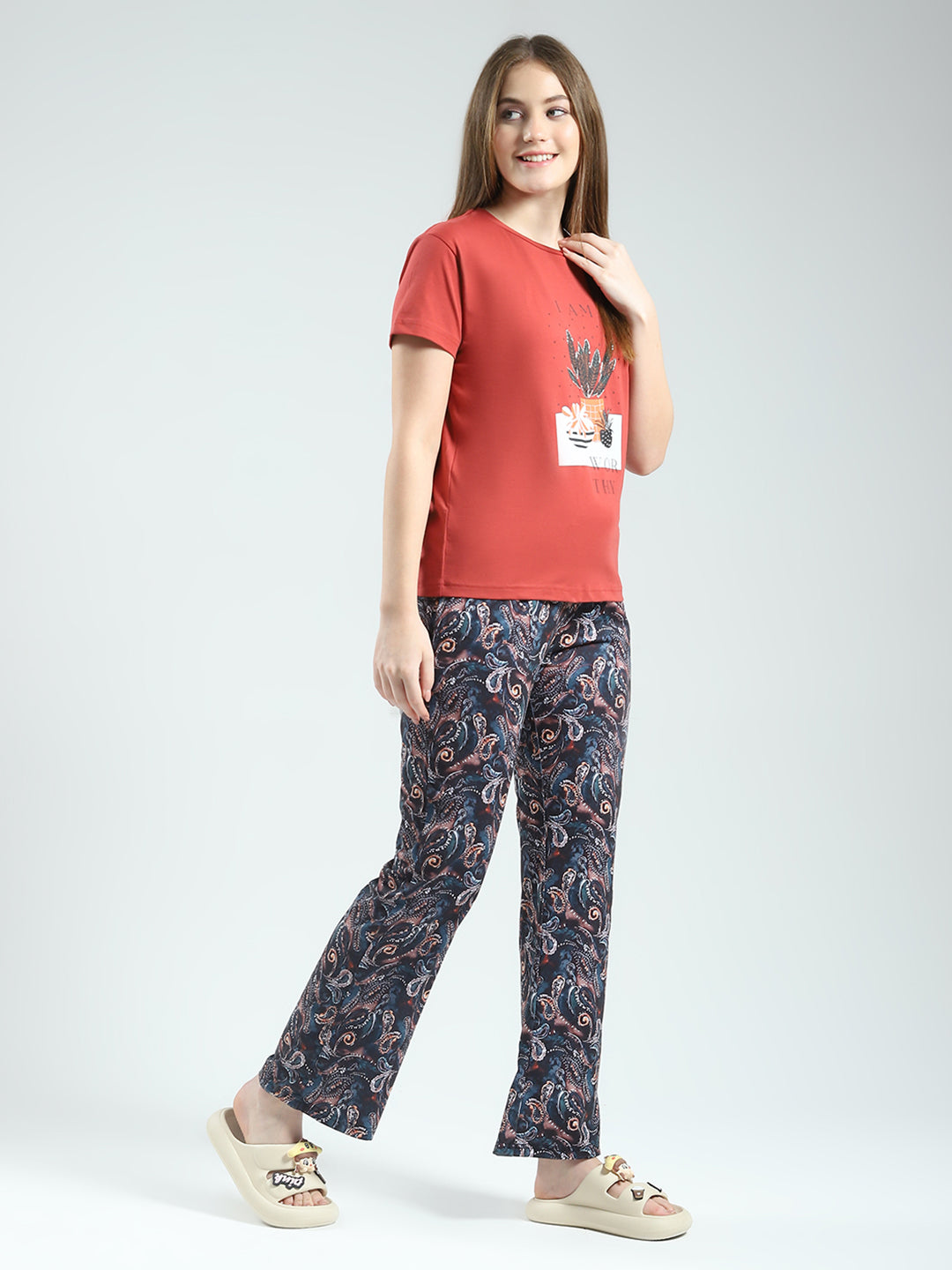 Women Rust Printed Round Neck Half Sleeve Lower Set