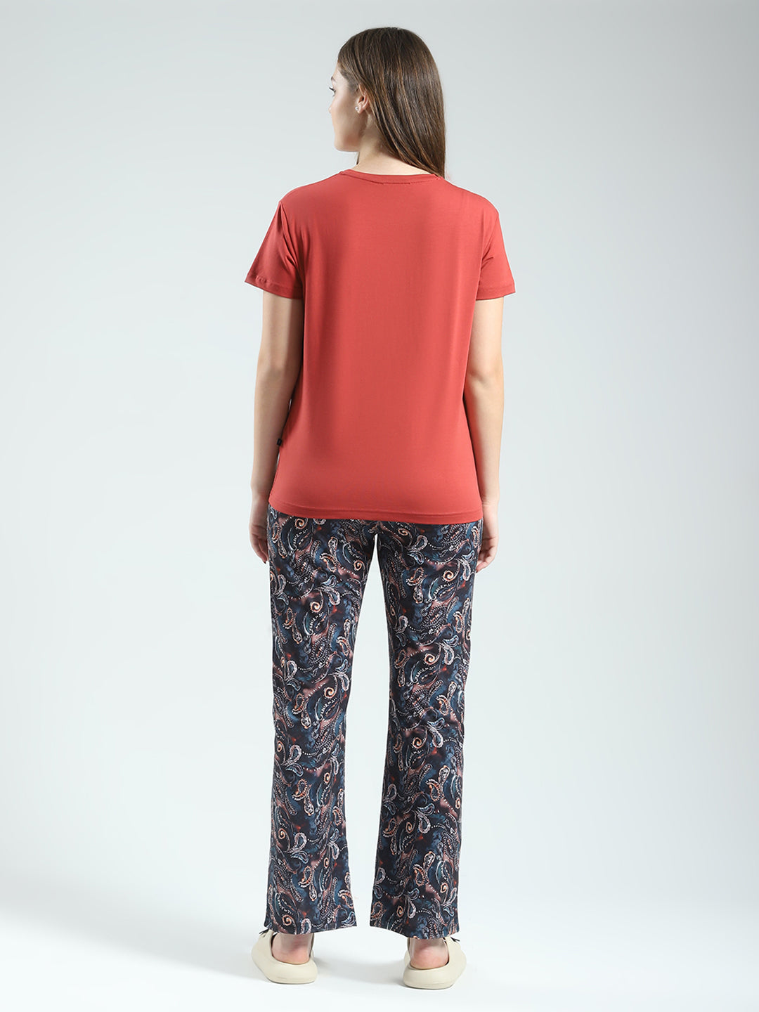 Women Rust Printed Round Neck Half Sleeve Lower Set