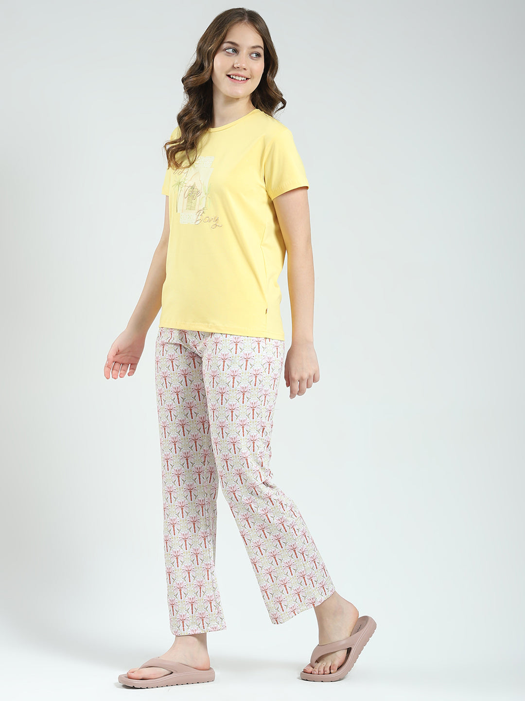 Women Yellow Printed Round Neck Half Sleeve Lower Set