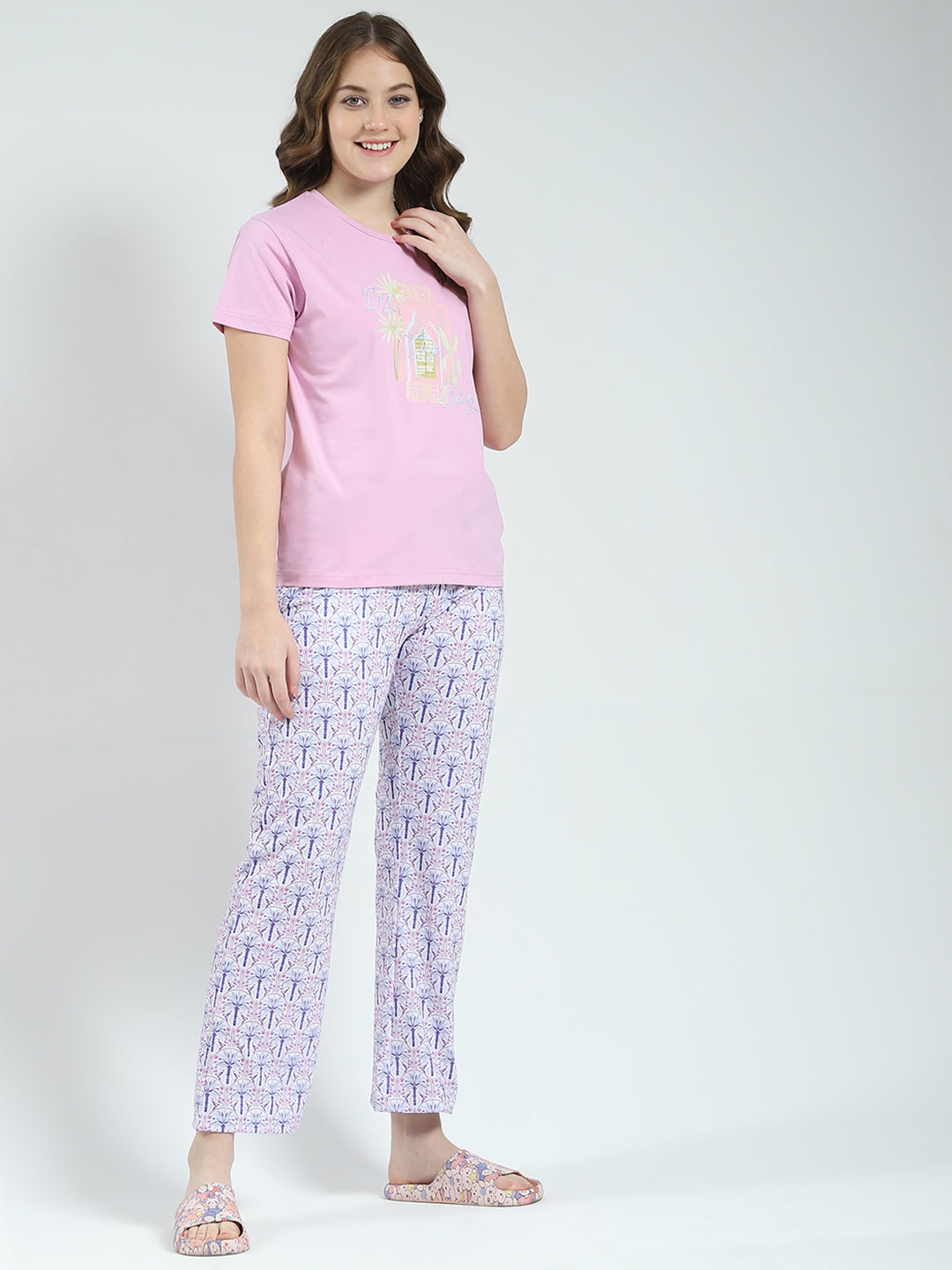 Women Purple Printed Round Neck Half Sleeve Lower Set