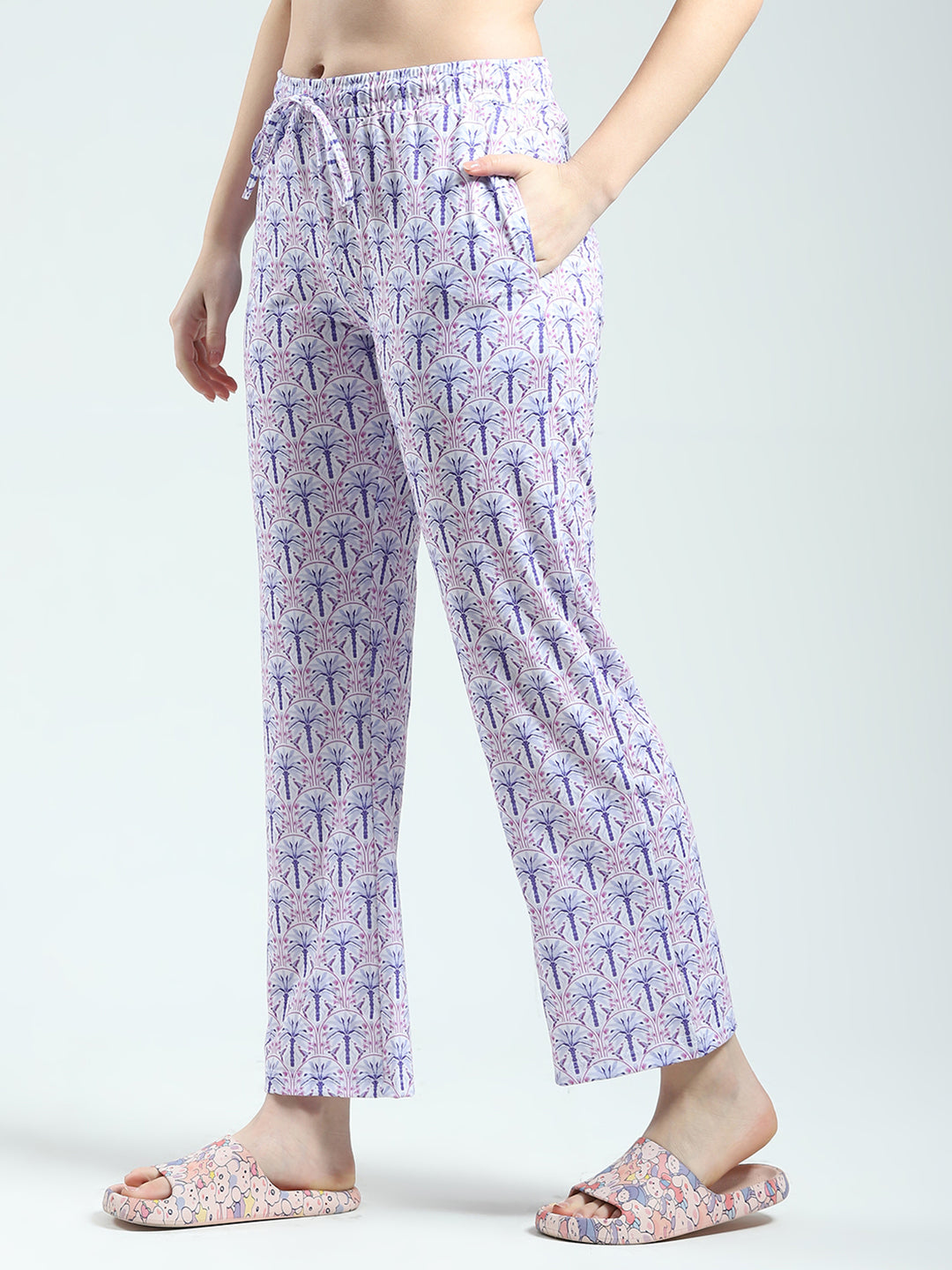 Women Purple Printed Round Neck Half Sleeve Lower Set