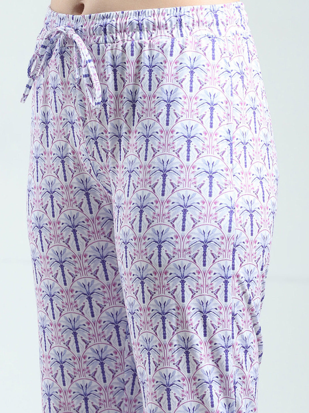 Women Purple Printed Round Neck Half Sleeve Lower Set