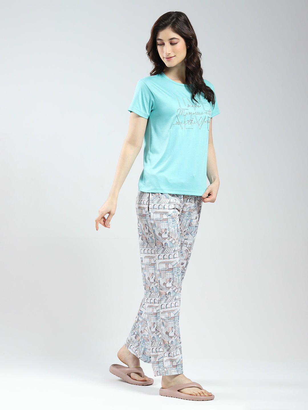 Women Green Printed Round Neck Half Sleeve Lower Set