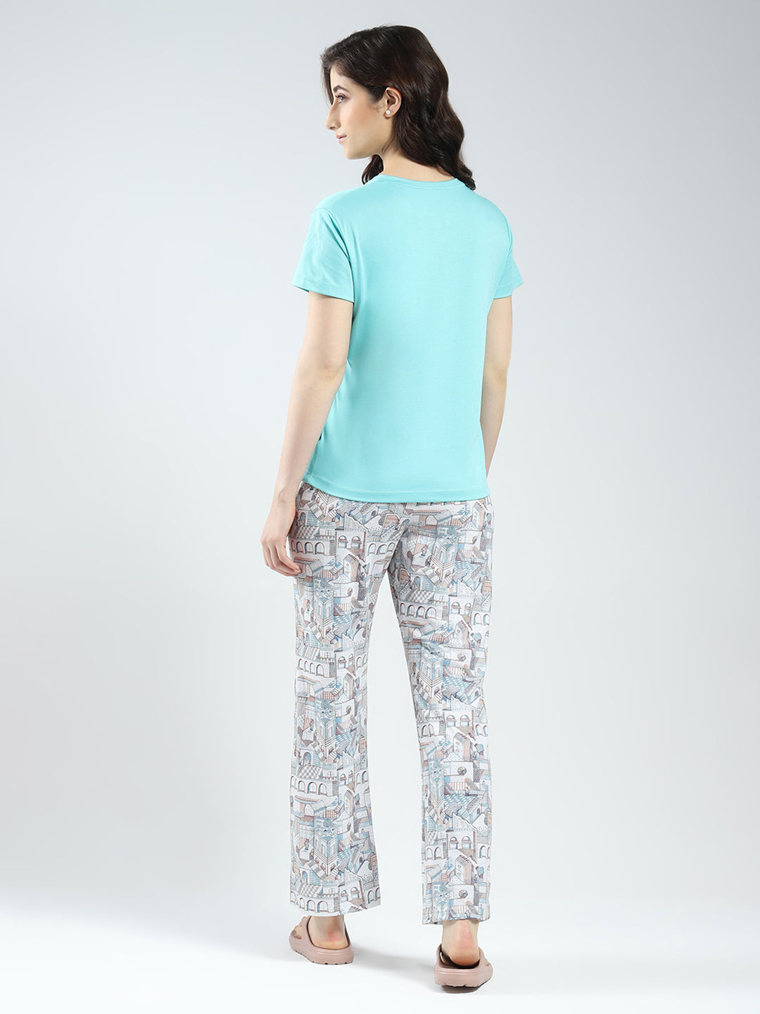 Women Green Printed Round Neck Half Sleeve Lower Set