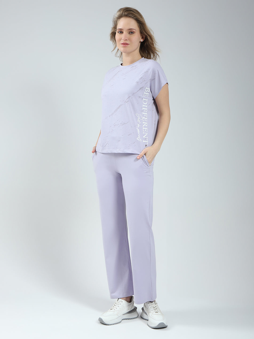 Women Purple Printed Round Neck Half Sleeve Lower Set