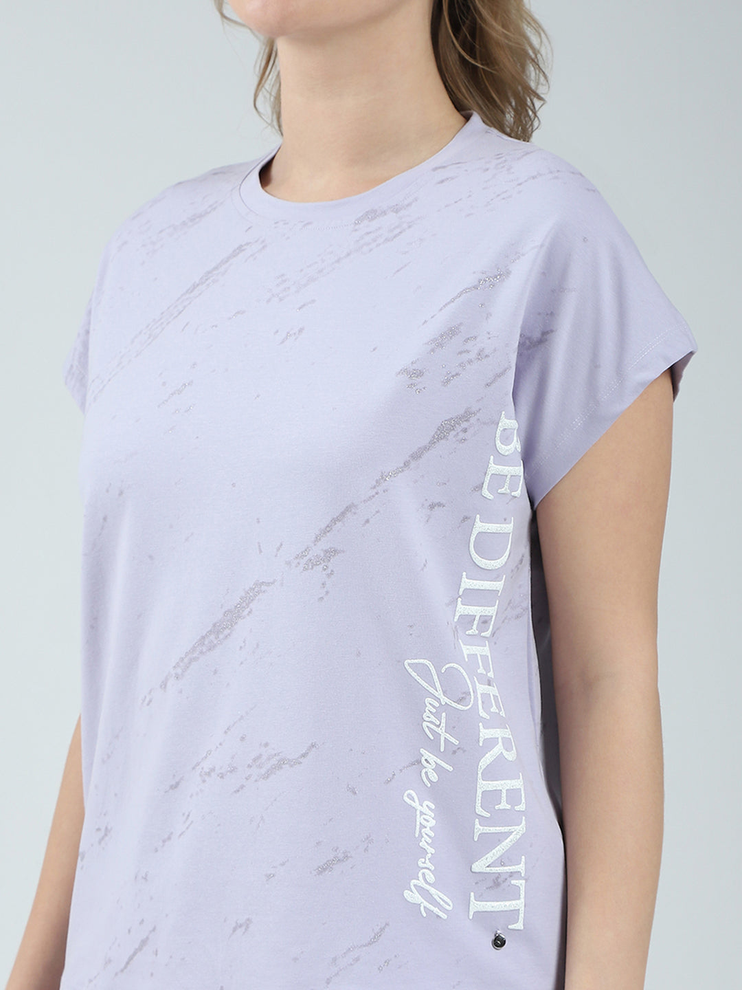 Women Purple Printed Round Neck Half Sleeve Lower Set