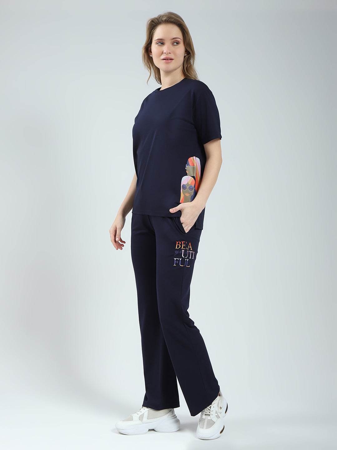 Women Navy Blue Printed Round Neck Half Sleeve Lower Set