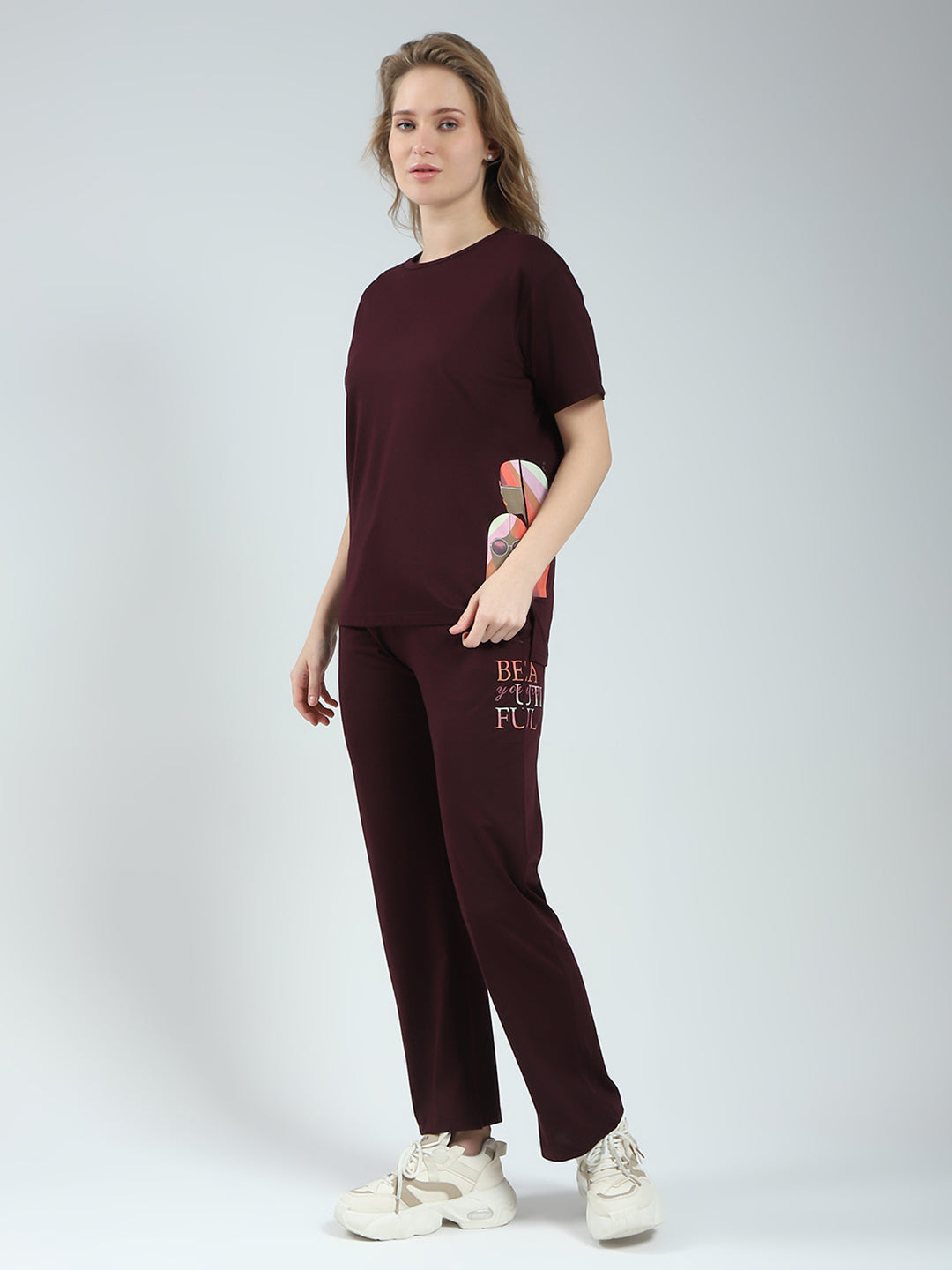 Women Burgundy Solid Round Neck Half Sleeve Lower Set