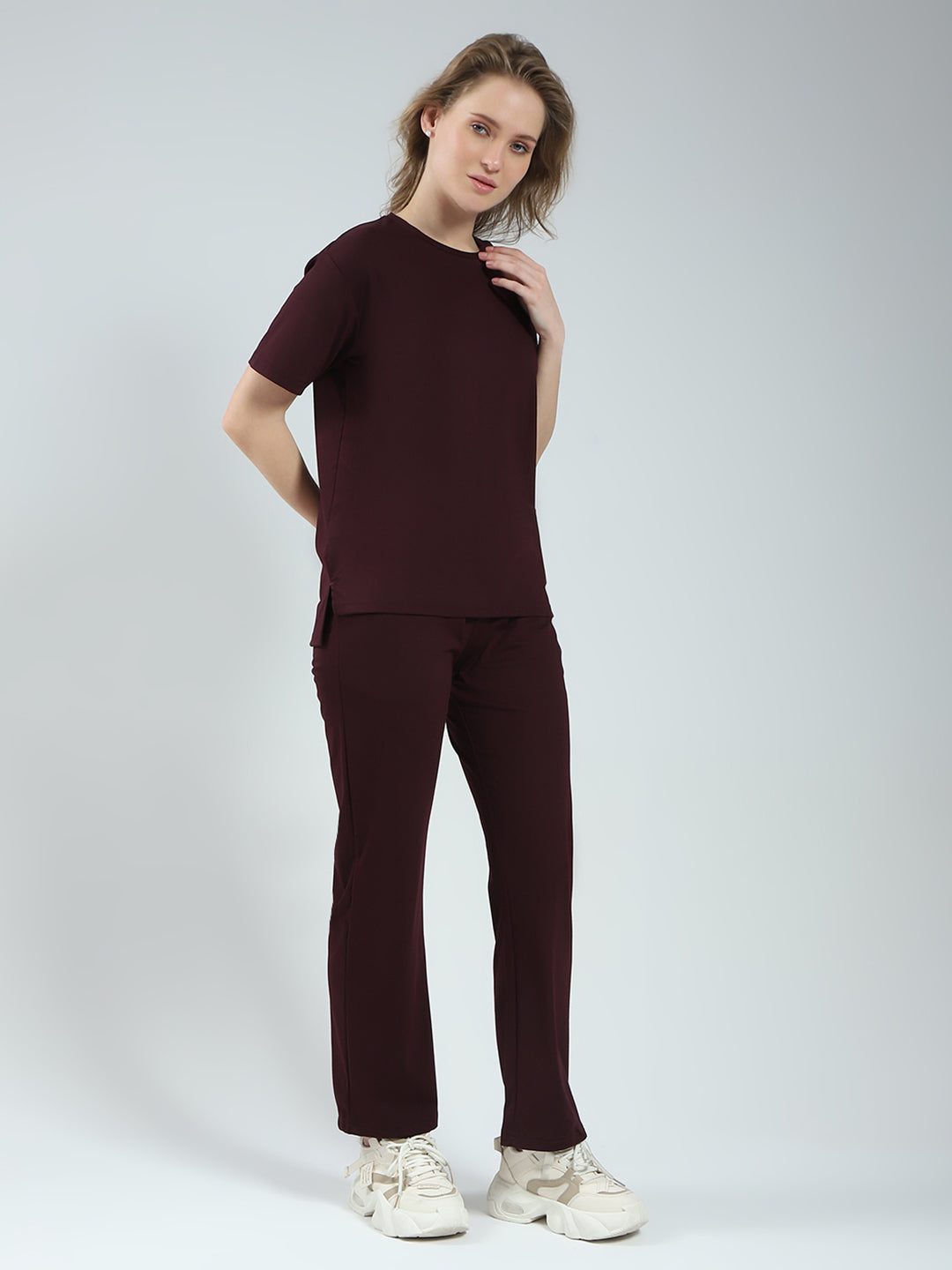 Women Burgundy Solid Round Neck Half Sleeve Lower Set