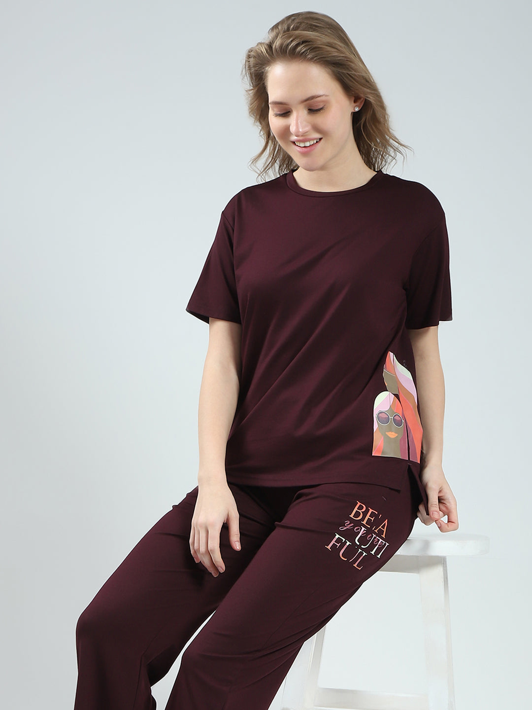 Women Burgundy Solid Round Neck Half Sleeve Lower Set