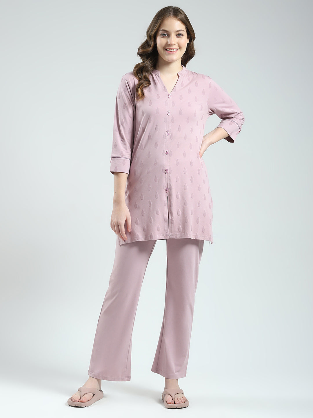 Women Pink Printed Round Neck 3/4th Sleeve Lower Set