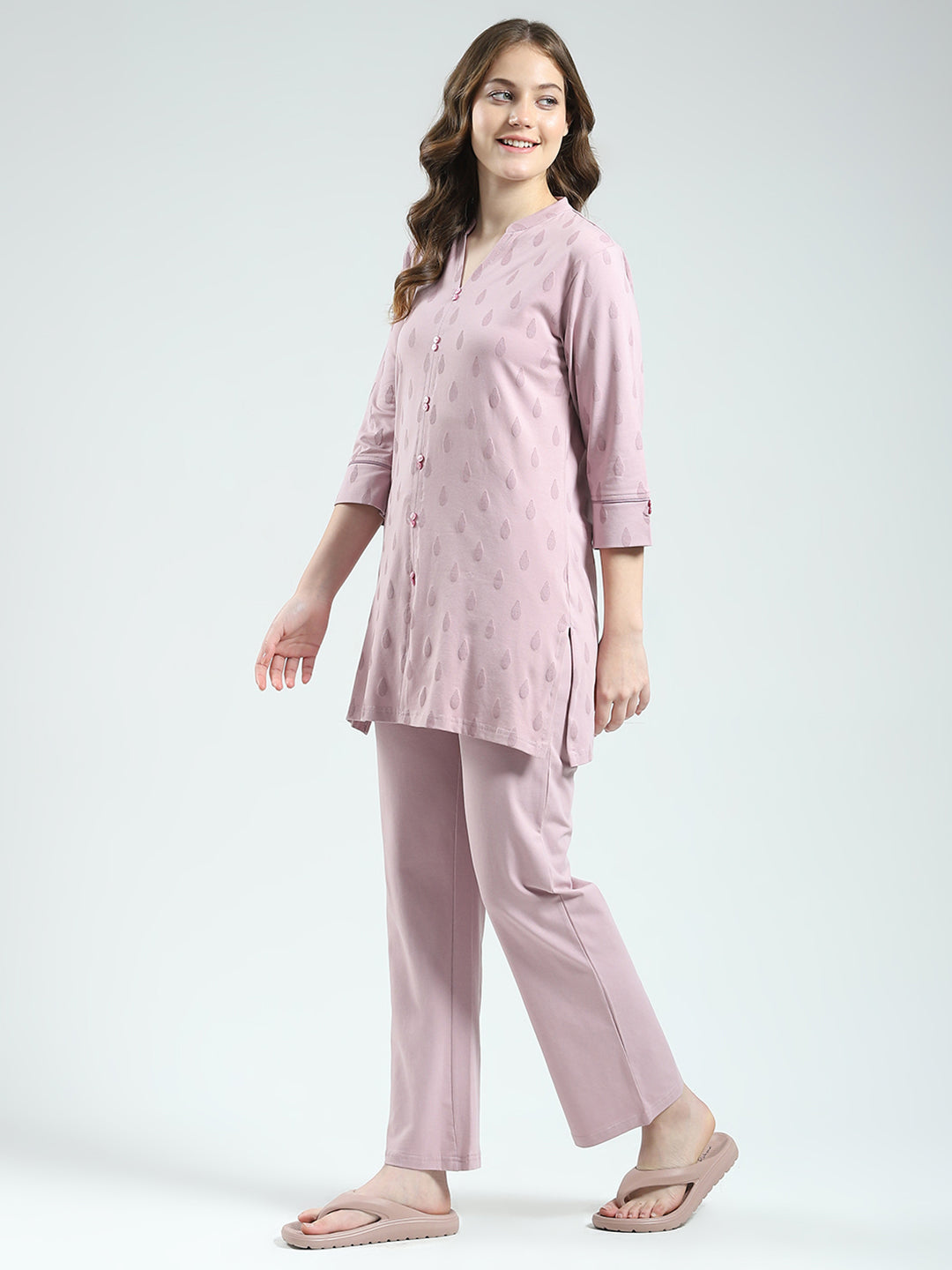 Women Pink Printed Round Neck 3/4th Sleeve Lower Set