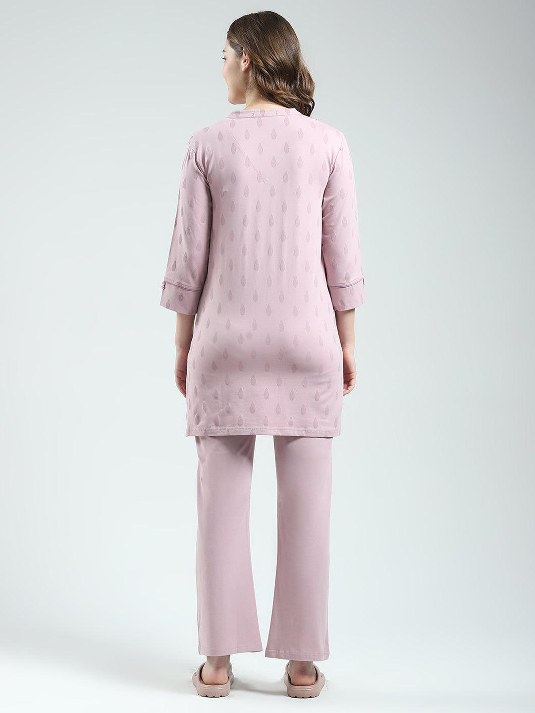 Women Pink Printed Round Neck 3/4th Sleeve Lower Set