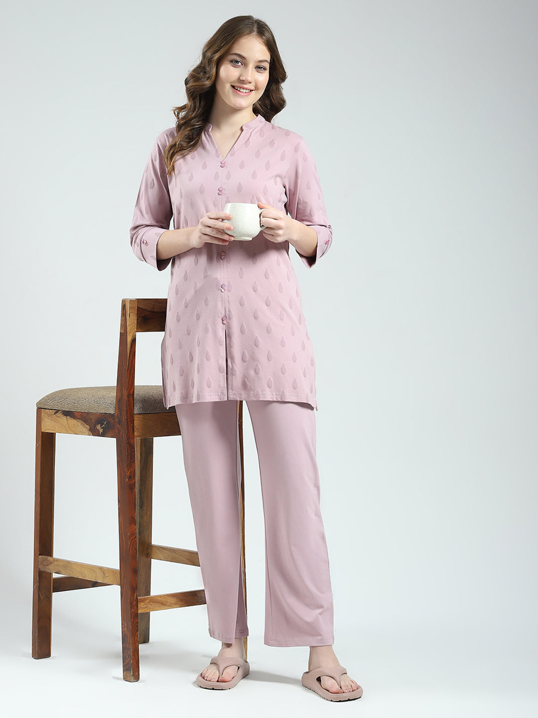 Women Pink Printed Round Neck 3/4th Sleeve Lower Set