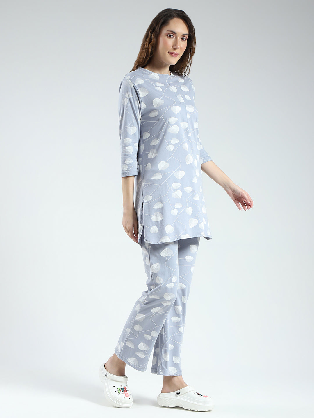 Women Grey Printed Round Neck 3/4th Sleeve Lower Set