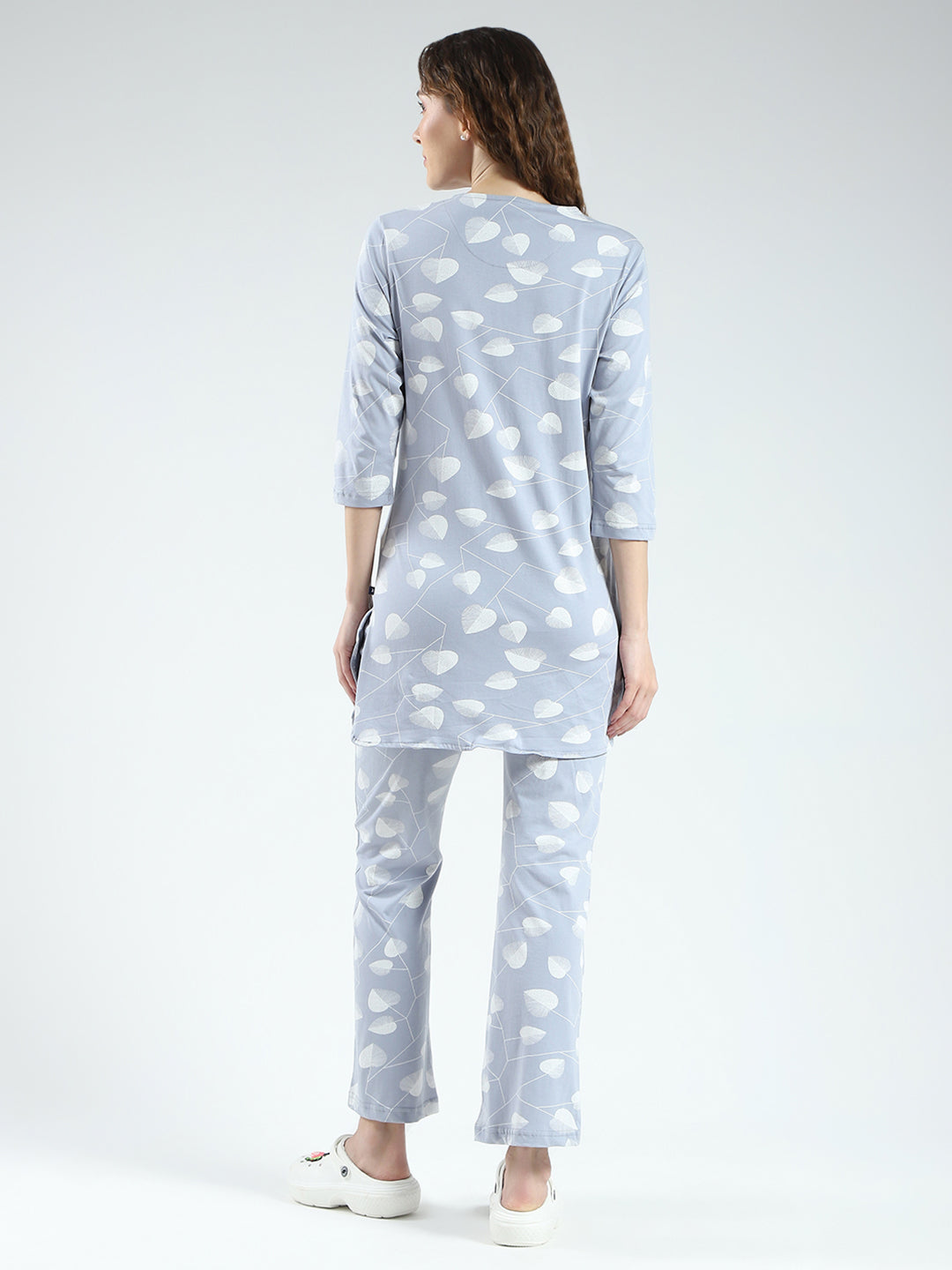 Women Grey Printed Round Neck 3/4th Sleeve Lower Set