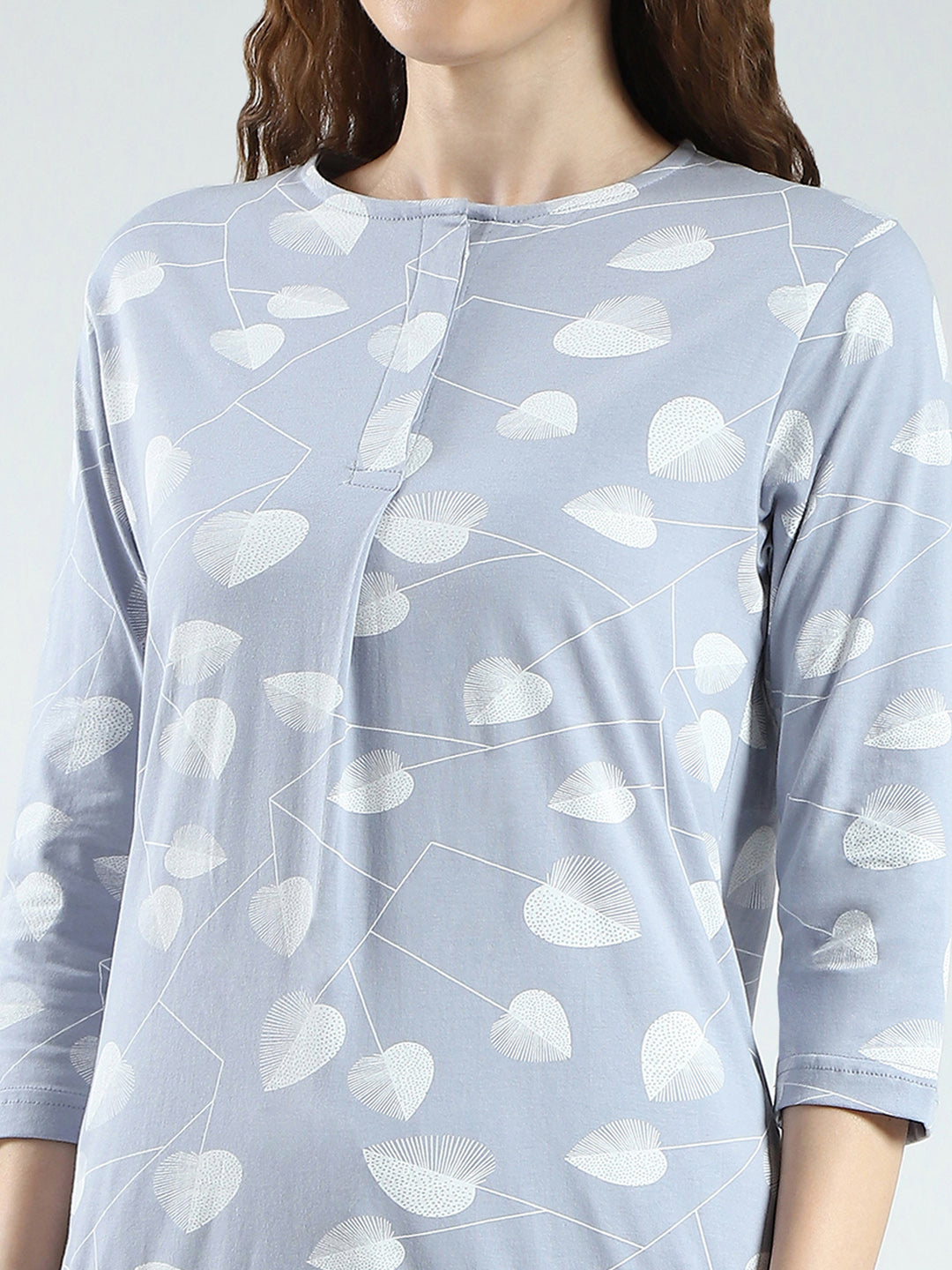 Women Grey Printed Round Neck 3/4th Sleeve Lower Set