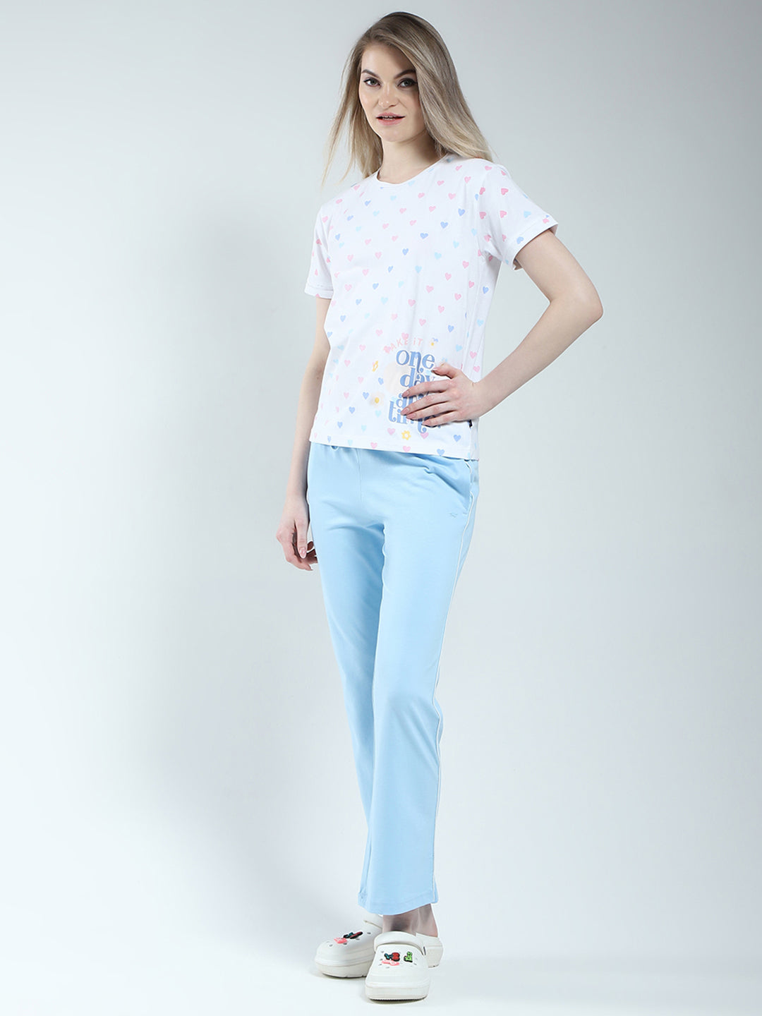 Women Blue Printed Round Neck Half Sleeve Combo Set