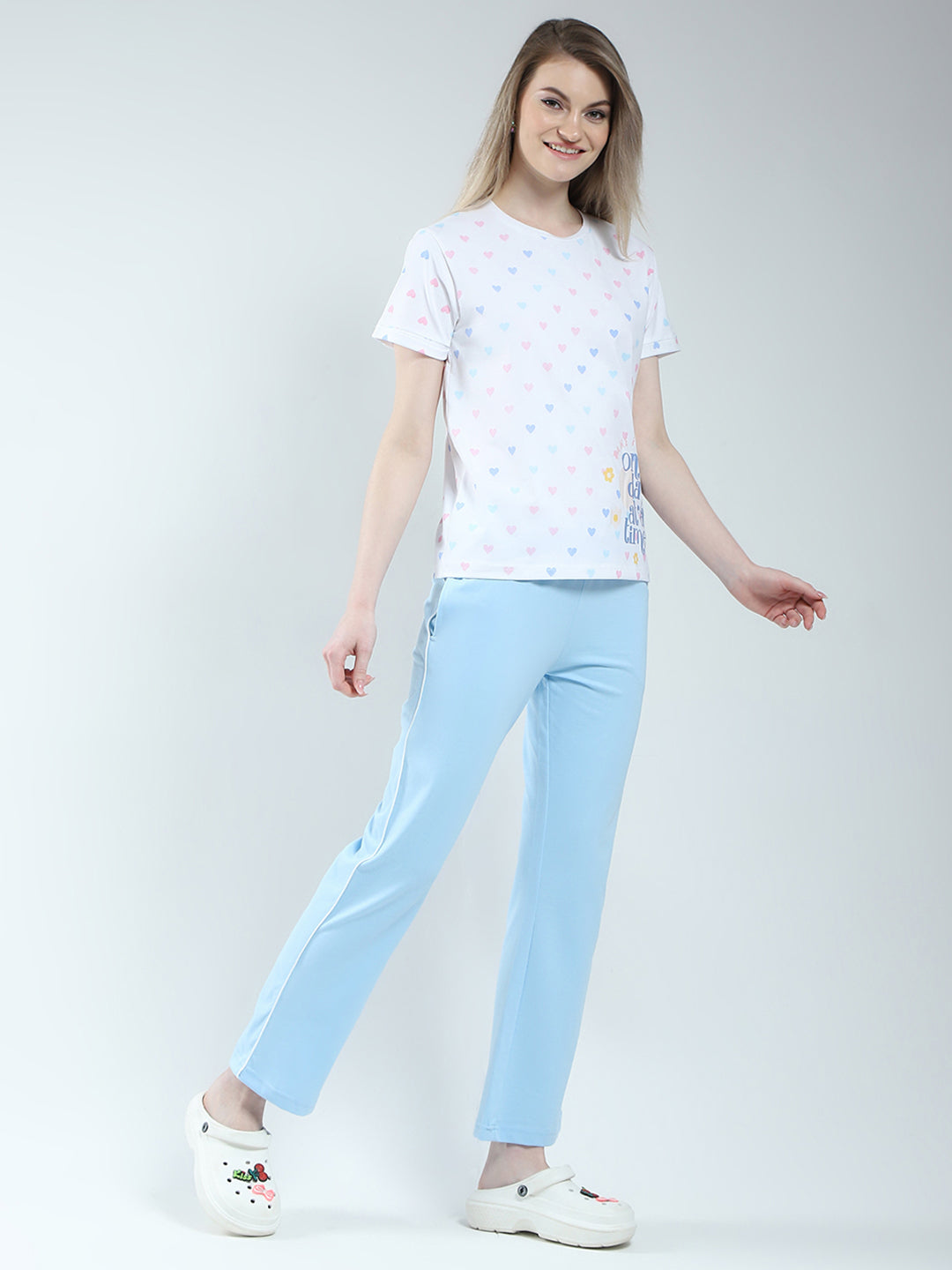 Women Blue Printed Round Neck Half Sleeve Combo Set