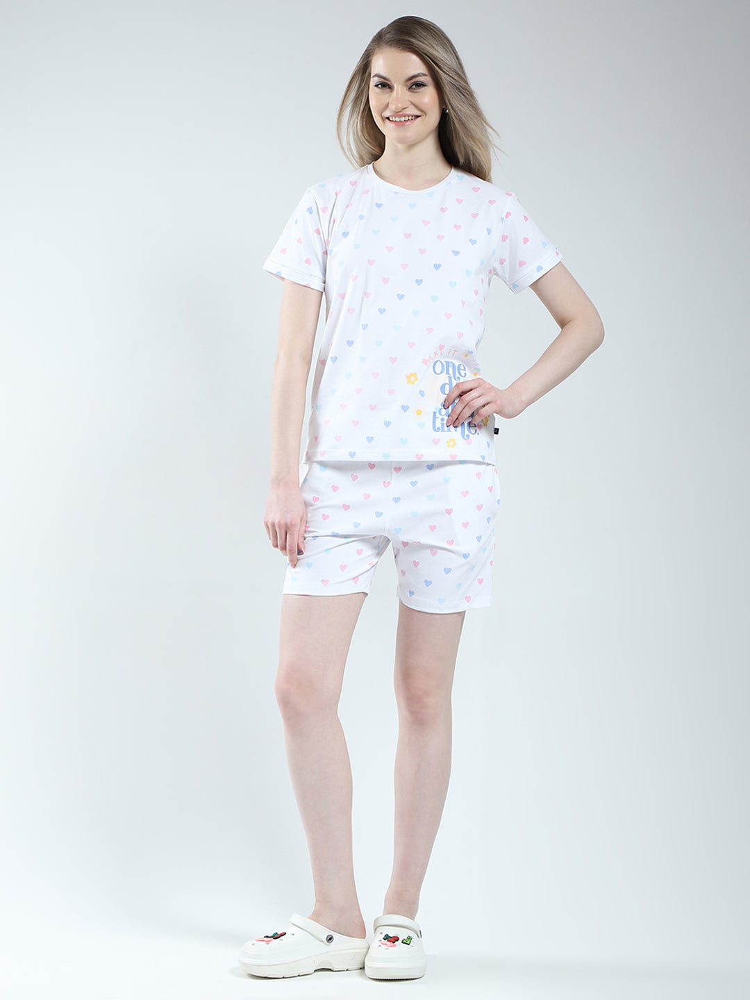 Women Blue Printed Round Neck Half Sleeve Combo Set