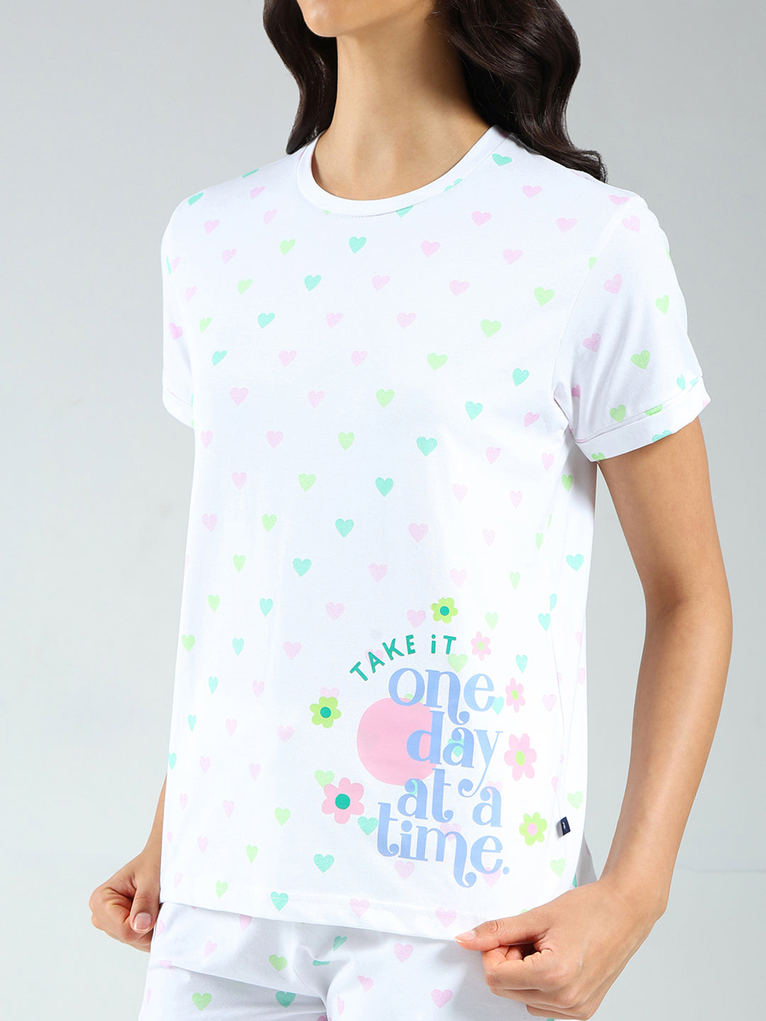 Women Purple & White Printed Round Neck Half Sleeve Combo 3Pc Set (T-Shirt, Shorts & Lower)