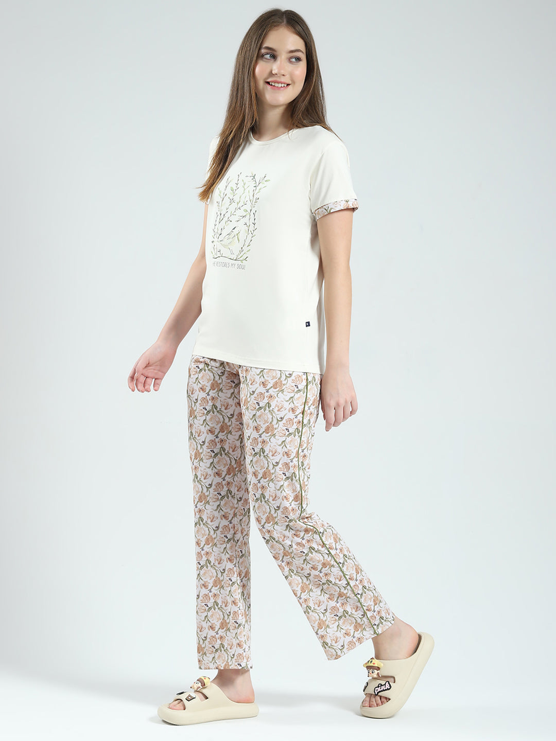 Women Off White Printed Round Neck Half Sleeve Combo 3Pc Set (T-Shirt, Shorts & Lower)